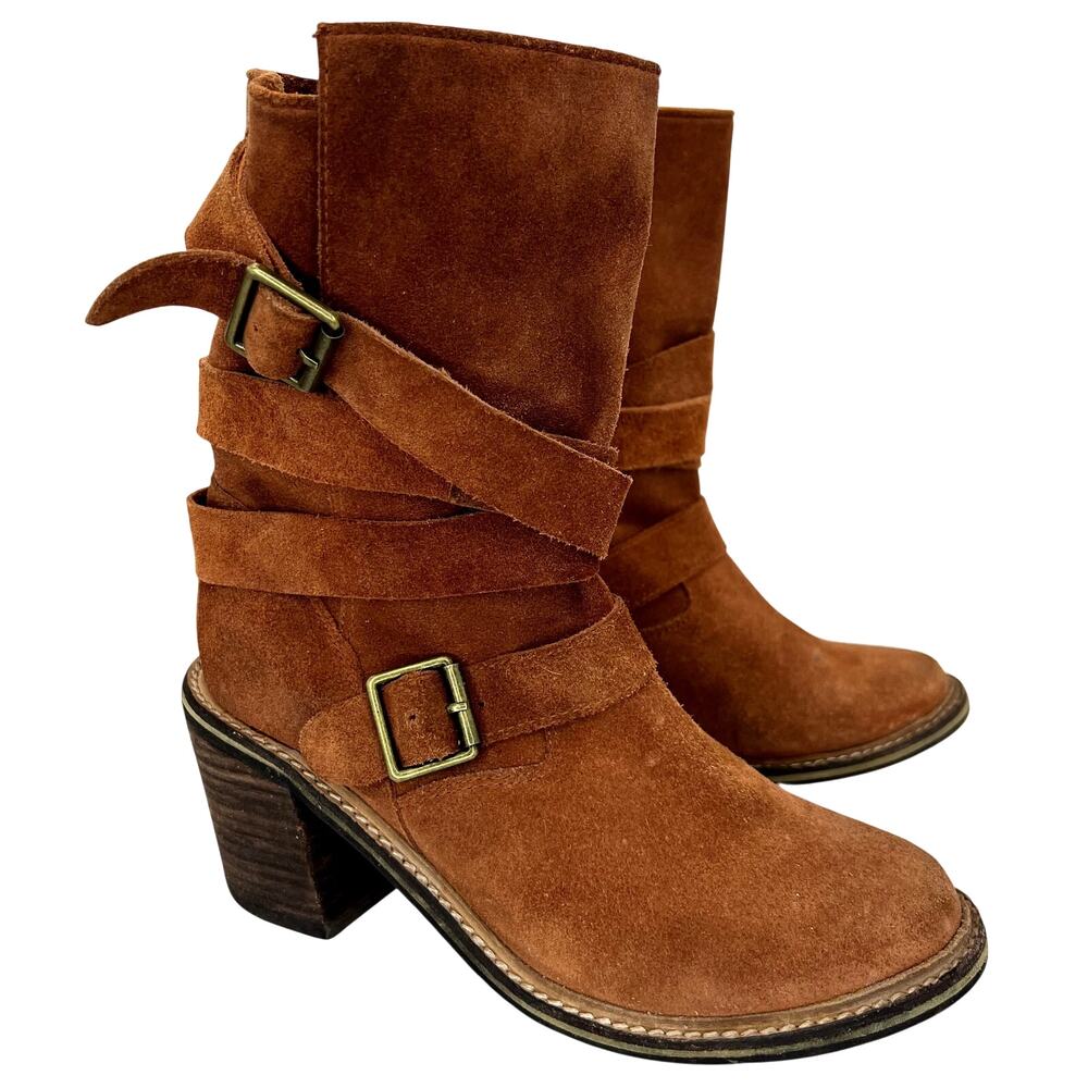 Jeffrey Campbell France Mid Calf Boot Heeled Strappy Rust Suede 8.5 Buckles